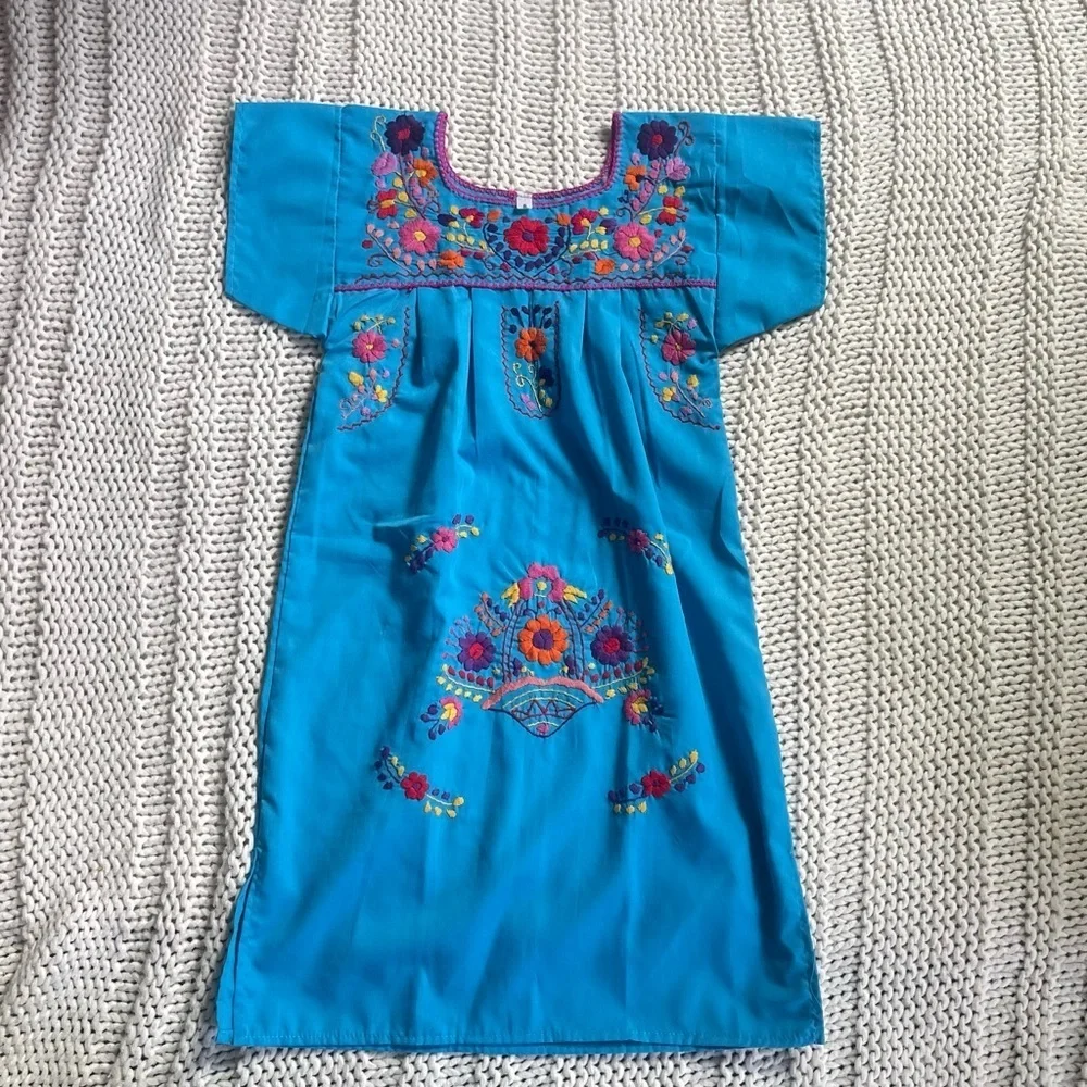 NWOT Authentic Mexican Blue Hand Embroidered Kids Dress Size 6